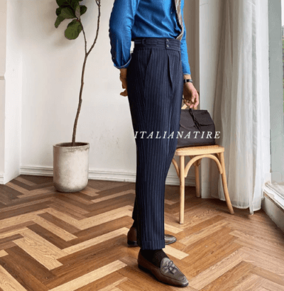 Navy Striped Buttoned Gurkha Pants -by-Italian Atire - Image 3