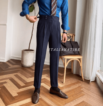 Navy Striped Buttoned Gurkha Pants -by-Italian Atire - Image 9