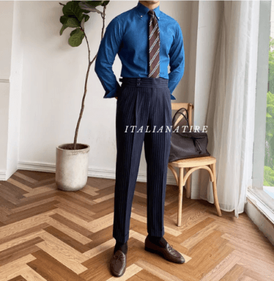 Navy Striped Buttoned Gurkha Pants -by-Italian Atire - Image 7