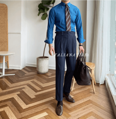 Navy Striped Buttoned Gurkha Pants -by-Italian Atire - Image 6