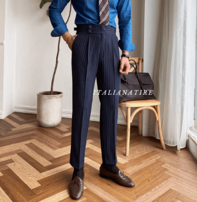 Navy Striped Buttoned Gurkha Pants -by-Italian Atire - Image 4