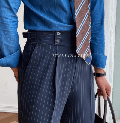 Navy Striped Buttoned Gurkha Pants -by-Italian Atire