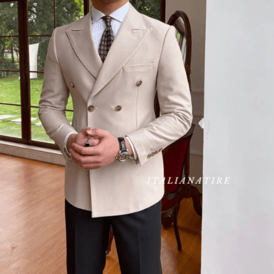 Beige Double Breasted one piece Blazer by Italian Atire