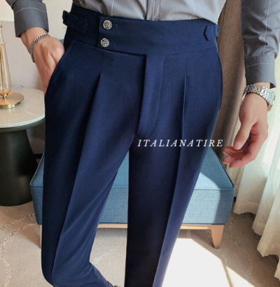 Navy Blue Signature Buttoned Gurkha Pants -by-Italian Atire