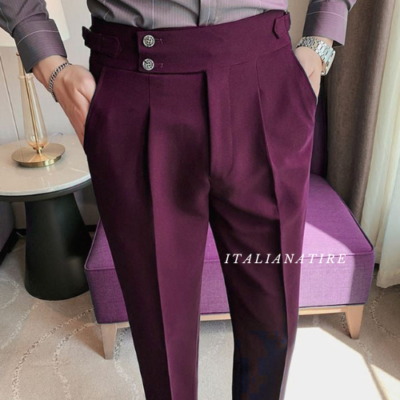 Wine Signature Buttoned Gurkha Pants-by-Italian Atire