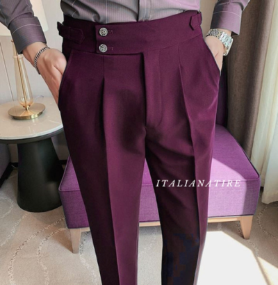 Wine Signature Buttoned Gurkha Pants-by-Italian Atire